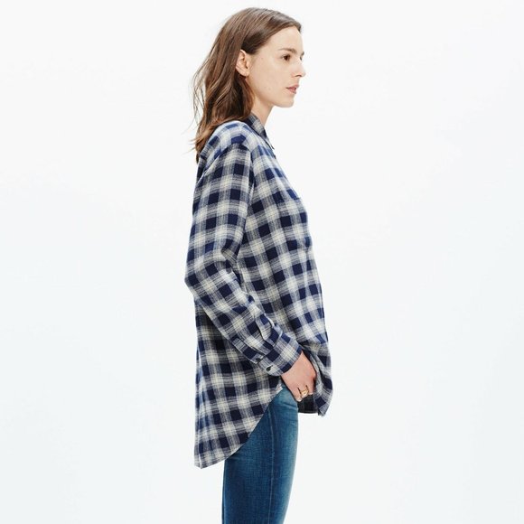 Madewell Andover Blue & Gray Flannel Oversized Boyshirt Plaid Button Up Top XXS - Picture 2 of 6